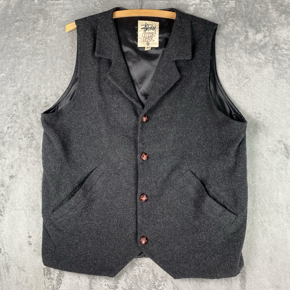 Vintage Stussy Outer Gear Vest Mens Size M Grey Wool Blend Skate 90s Made In USA